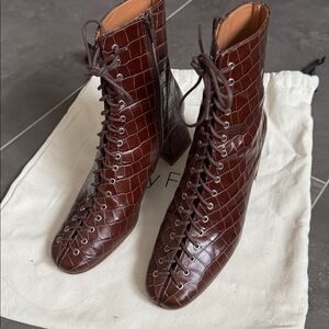 BY FAR Dark Brown Lace-Up Becca Embossed Croc Brown Boots
